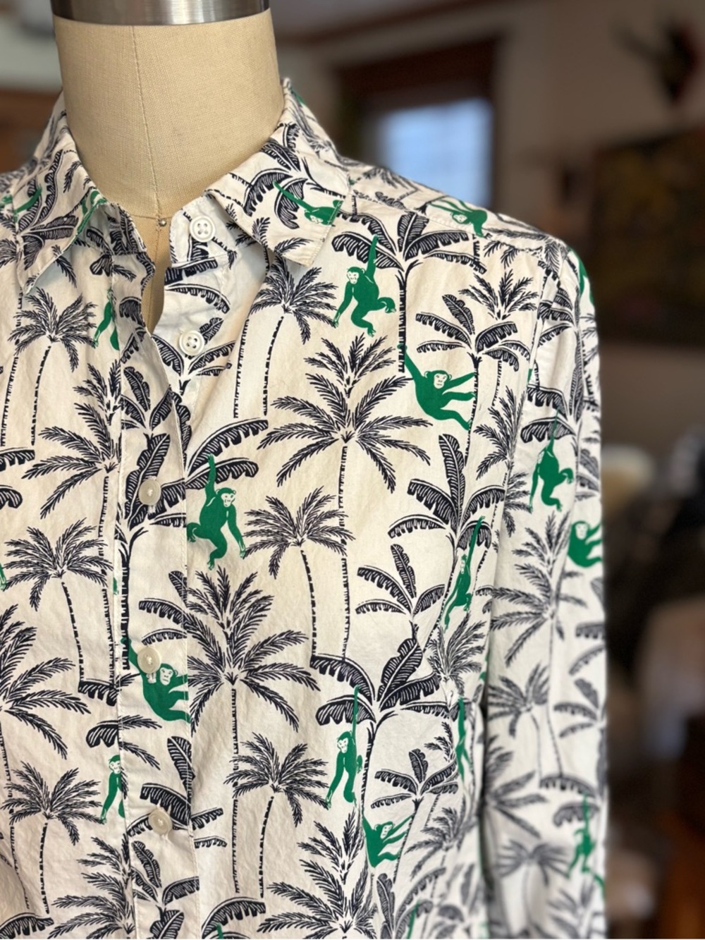 Boden White Button-Down Shirt with Black Palm Print & Green Monkey Motif